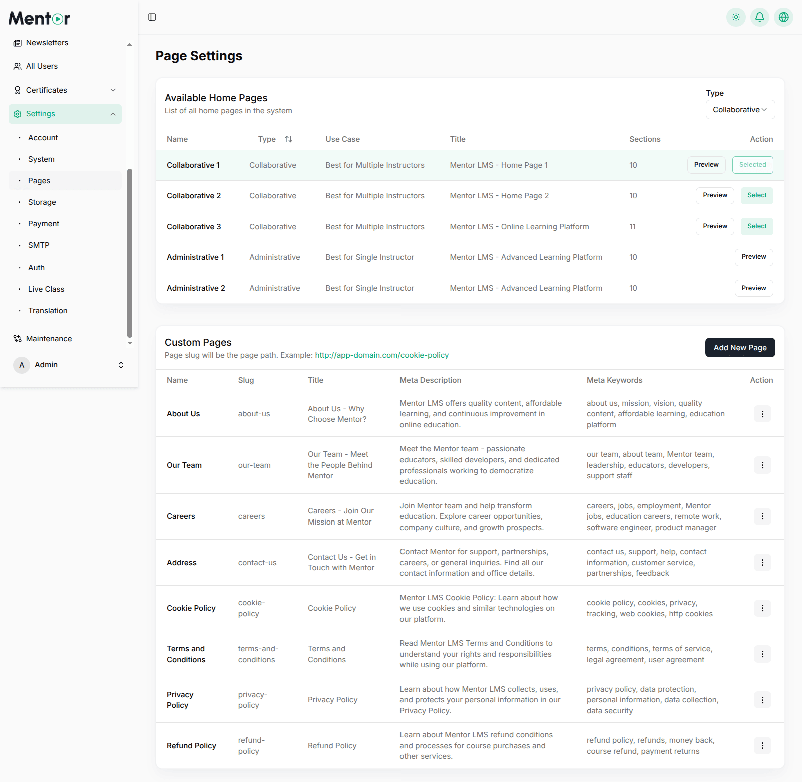 Page Settings
