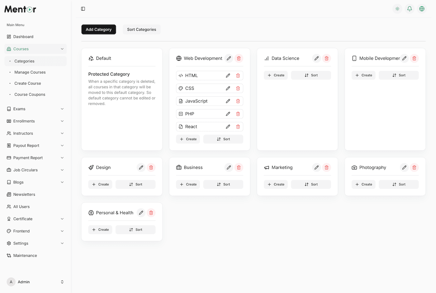Mentor LMS admin dashboard